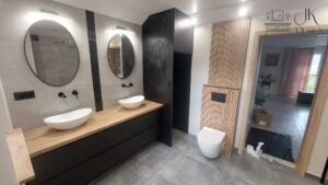 Nowoczesna łazienka z podwójną umywalką.