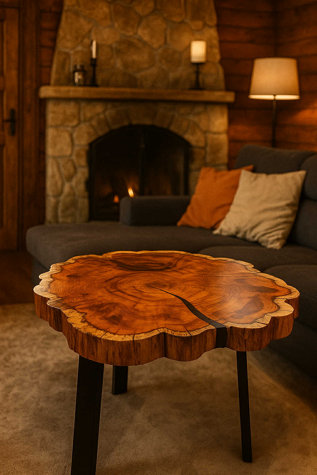 Stolik kawowy w stylu loftowym, przyodziany w czarną żywicę oraz lakier, półmatowa powierzchnia.